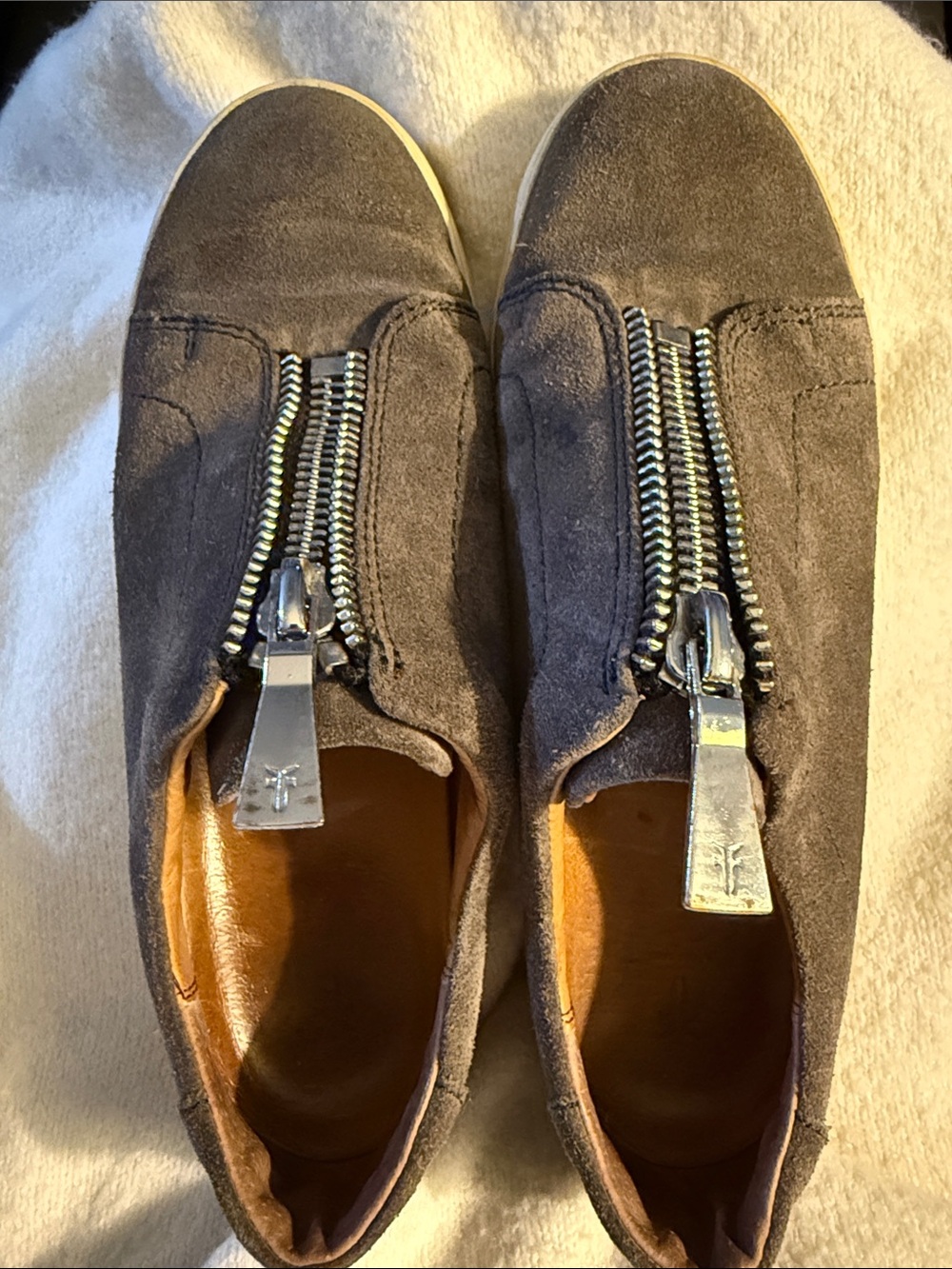 Frye Gray Suede Slip-On Sneakers with Front Zippers